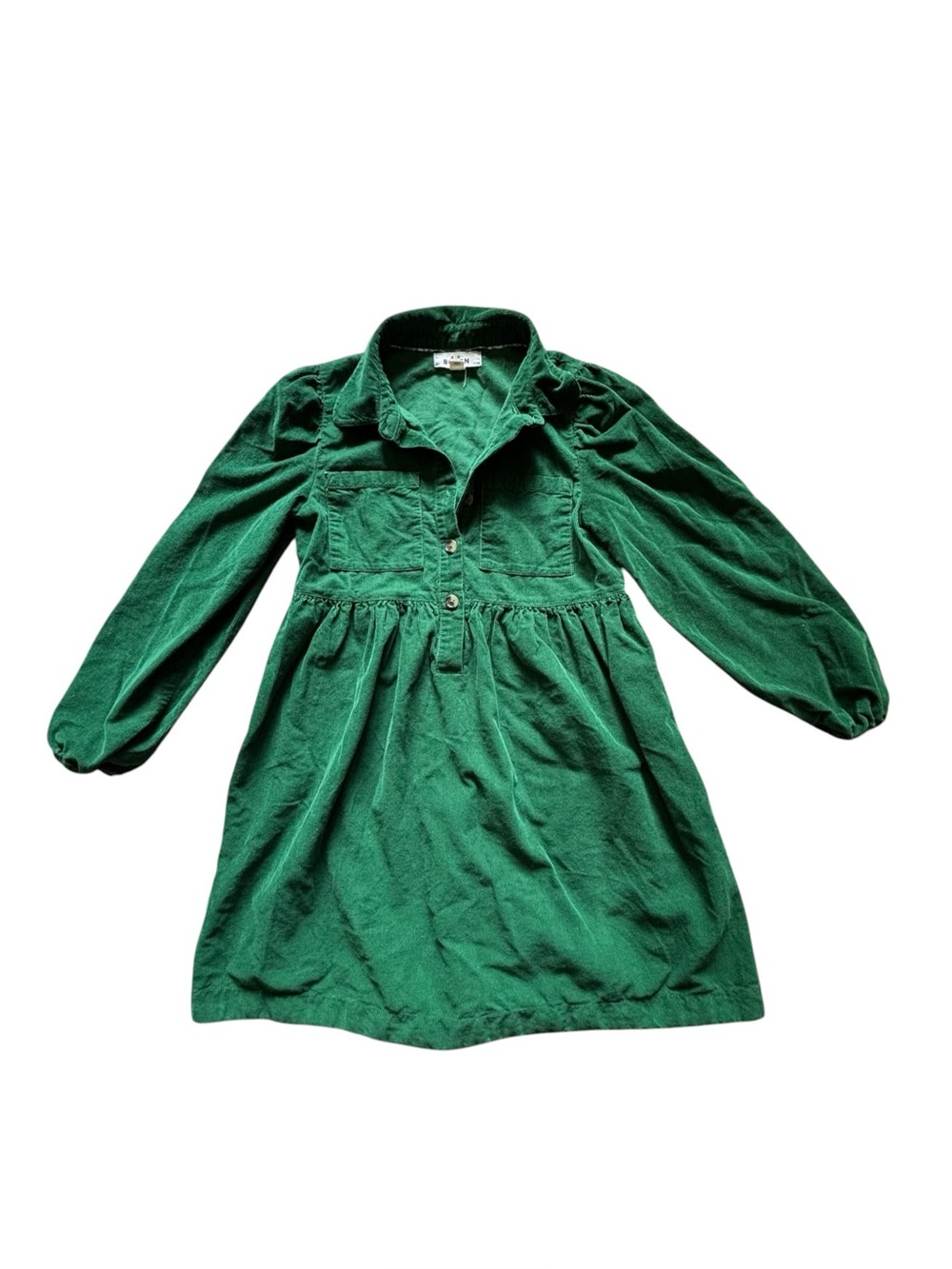 Mini Boden Girls' Green Long-Sleeve Corduroy Babydoll Dress Holiday Cotton 9-10